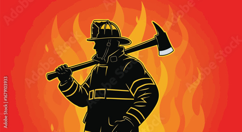 Silhouette of a firefighter in uniform holding an axe against a background of stylized flames demonstrating courage and community service