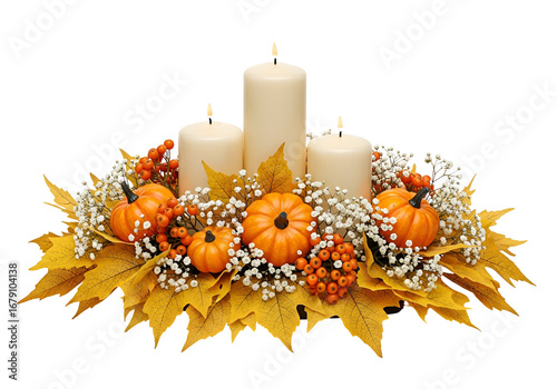 A decorative autumnal centerpiece features three pillar candles, small pumpkins, autumn leaves, and small berries, all arranged in a circular design against a black background.