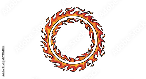 Stylized fiery ring element design with vibrant orange and yellow flames encircling a blank space for creative possibilities and versatile