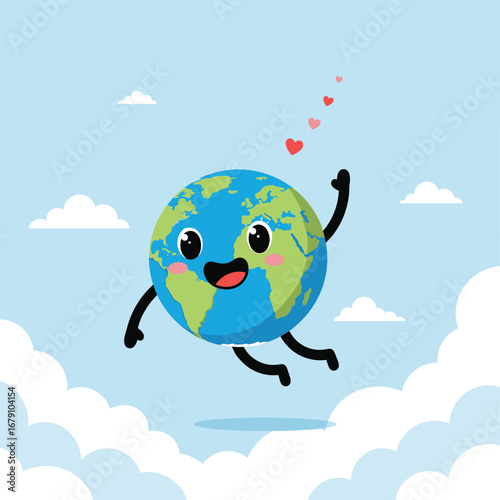 Happy cartoon earth character flying through clouds spreading love