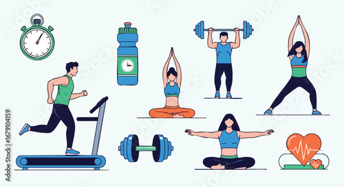 Diverse fitness activities and wellness concepts depicted through minimalistic design showcasing running, yoga, and strength training routines