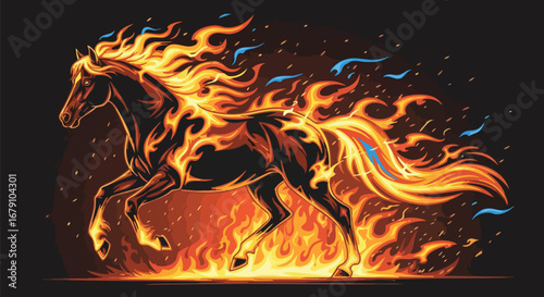 Fiery Steed: A Vector Illustration of a Horse Engulfed in Flames and Energy, Dynamic and Powerful, Against a Dark Backdrop