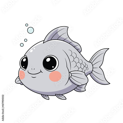 Adorable kawaii gray fish illustration with big eyes and bubbles for cute animal lovers