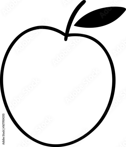 Line art drawing of a simple apple with a leaf.