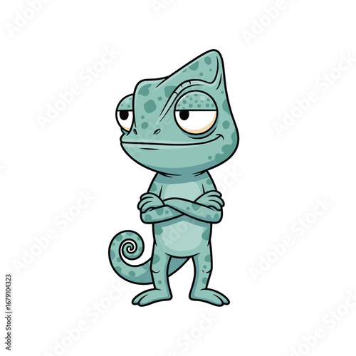 Playful cartoon chameleon with arms crossed looking confident
