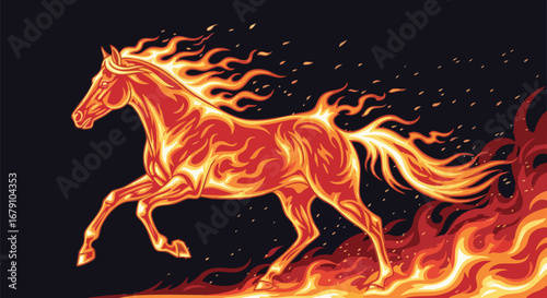 Illustrative fiery steed graphic design, galloping horse covered in flames and sparks symbolizing power and intensity of untamed equine spirits