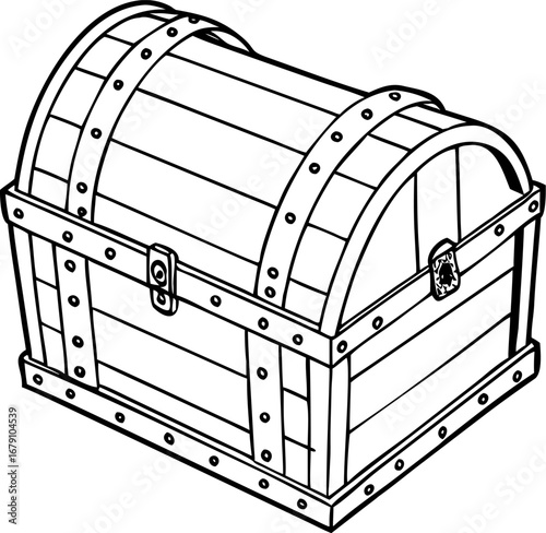 Detailed black and white drawing of a wooden treasure chest with metal accents.