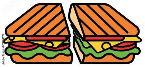 Two halves of a colorful and appetizing sandwich ready to eat.