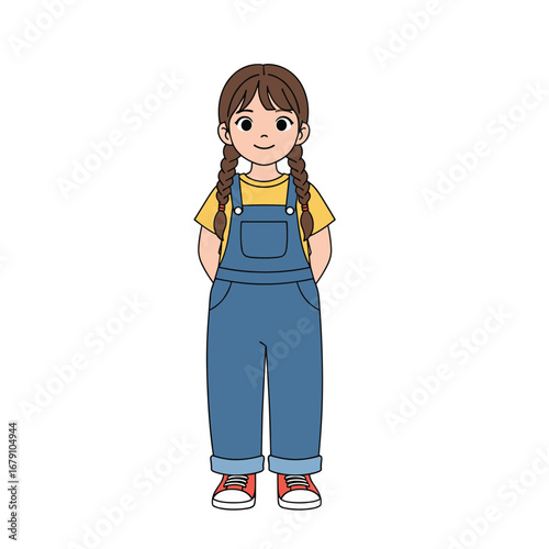 Young girl with braided hair and denim overalls smiling happily