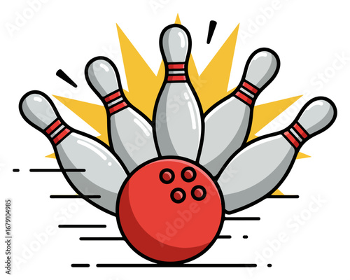 Bowling Ball and Pins Strike Action Illustration.