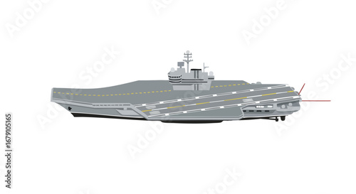 Illustration of a Large Aircraft Carrier Vessel with a Grey Color Scheme on a White Backdrop showcasing complex engineering for military purposes
