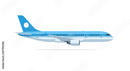 Vector Illustration Depicting Commercial Airplane in Shades of Blue Against a White Backdrop for Transportation Related Designs