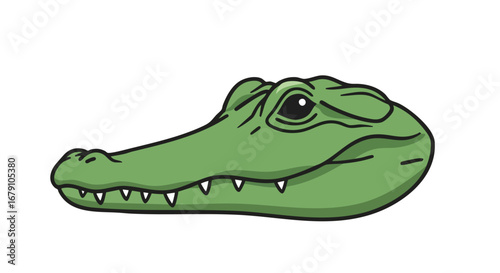 Stylized alligator head drawing with toothy grin and cartoonish features in green shade, isolated on white backdrop with sleek vector lines