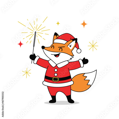 Cute cartoon fox dressed as santa claus holding a sparkling firework