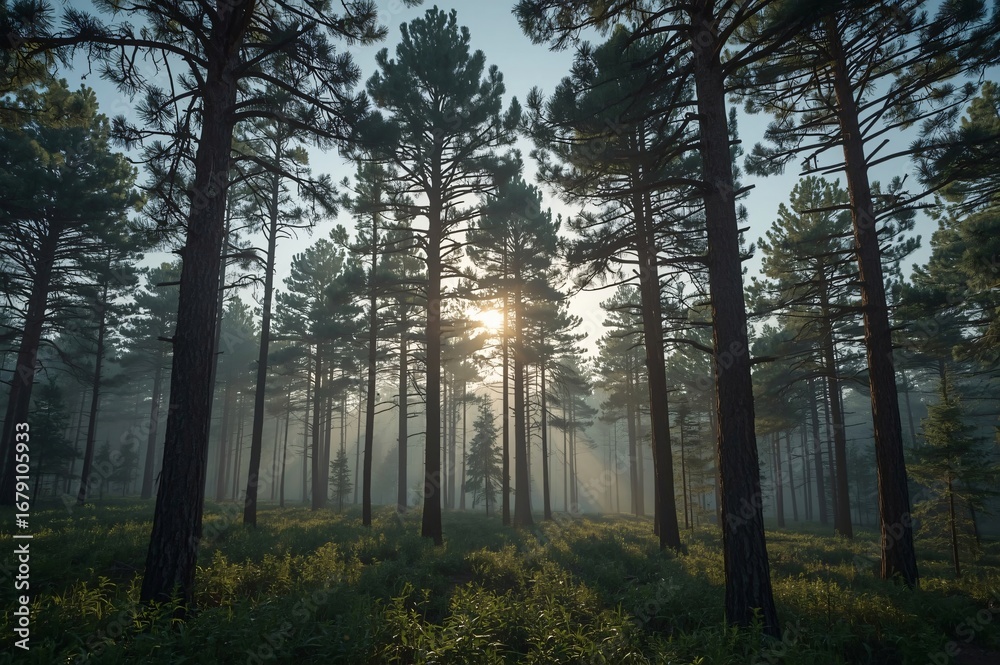 Naklejka premium Sunrise Pine Forest Mist Morning Nature Wallpaper