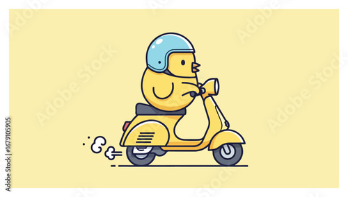 Cute chick riding a yellow scooter wearing a blue helmet.