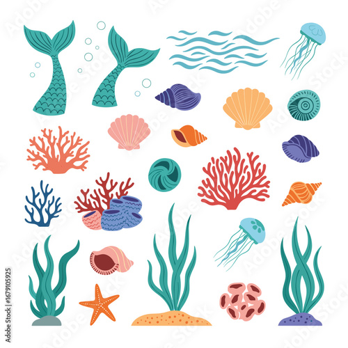 Collection of beautiful aquatic creatures and elements for underwater design