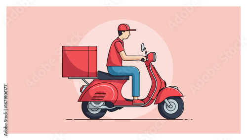 Delivery person riding a red scooter with a delivery box for fast service.
