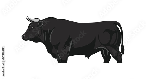 Majestic Black Bull Illustration: A Powerful Symbol of Strength and Determination with Detailed Anatomy and Muscular Build