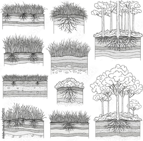 Isolated a grass, forest section, soil layer landscape drawing pattern. texture lawn background line art. set of graphics elements drawing for architecture and landscape design. cad pattern Vector art