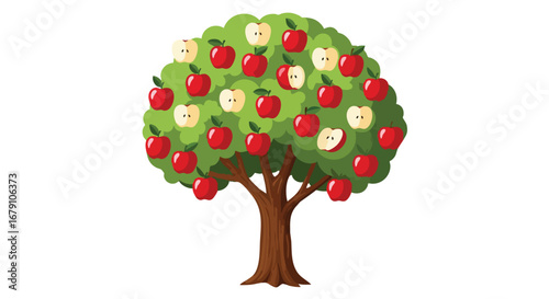 Cartoon depiction of an apple tree with ripe red and a few white apples contrasting against green leaves on a white backdrop