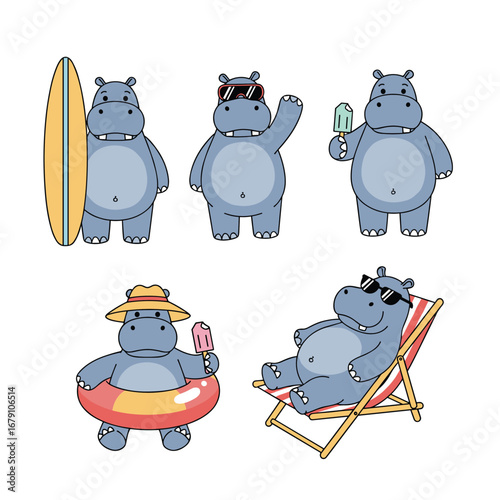 Cute hippos enjoying summer vacation activities beach fun activities