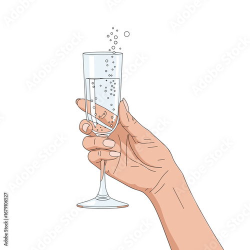 A hand holding a flute of sparkling beverage with bubbles rising