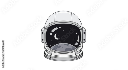 Conceptual space exploration artwork: astronaut helmet reflecting celestial panorama exploration depicted in a simplified graphic style ideal for