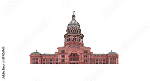 Digital Rendering of a State Capitol Building with Dome and Architectural Detail and intricate design emphasizing strong structural elements and
