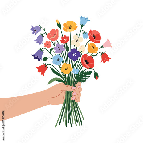A hand holds a beautiful bouquet of colorful wildflowers