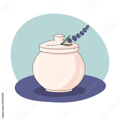 Apothecary jar with lavender sprig on a blue background