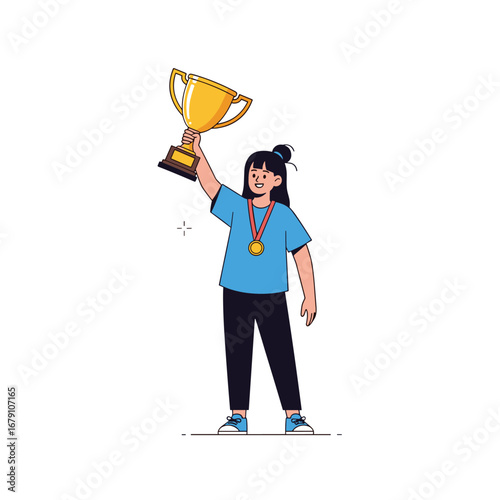 A triumphant person holds a gold trophy high above their head celebrating victory and achievement