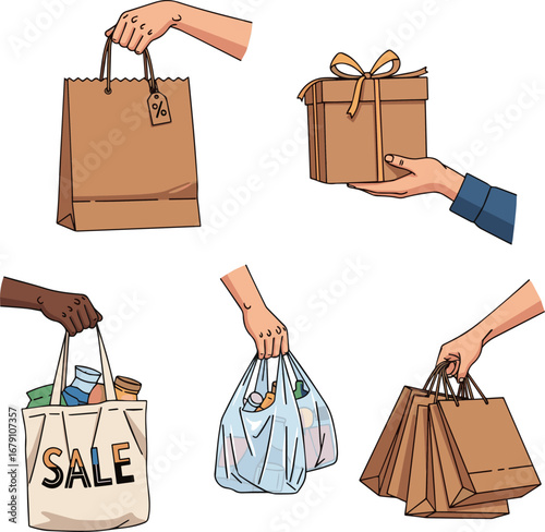 Isolated a Set of human hands holding bags for shopping. People carry packs of goods, Kraft packaging with purchases, cardboard box with gift. Discounts, sale in store. Flat isolated vector art Vector