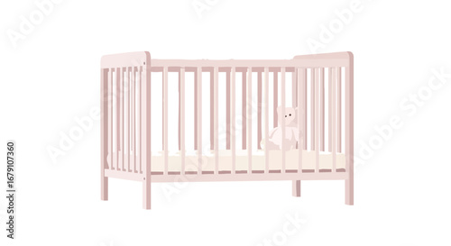 Soft pastel nursery scene with a pale pink crib and a gentle teddy bear resting, creating a serene and tender atmosphere for a newborn's haven