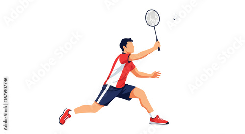 Dynamic Badminton Player Swinging Racket to Hit Shuttlecock with Speed and Agility Depicted in a Vector Illustration