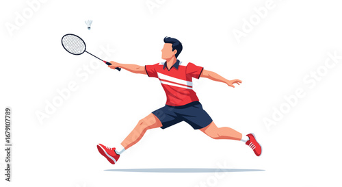 Dynamic badminton player mid-swing illustration showcasing athletic prowess and swift movement in vibrant colors, a sportsman action shot depiction