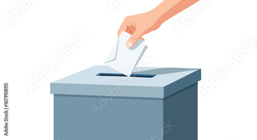 Illustration depicting a hand placing a ballot into a ballot box, signifying democratic voting process and civic participation