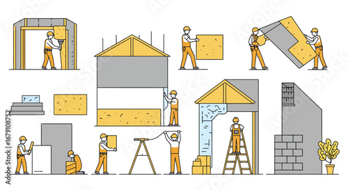 Construction Workers Building and Assembling House Elements.