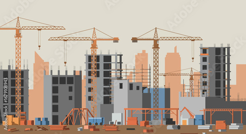 Construction Site with Cranes and Buildings Illustration.