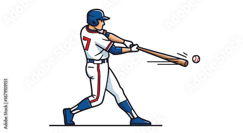 Dynamic baseball batter illustration executing a powerful swing with bat and baseball, isolated on a clean white background providing a clear sporty