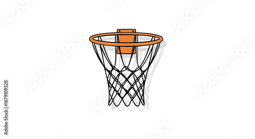 Isolated graphic representation of a basketball hoop with net on a white background with clear lines and simple shadows offering a clean visual