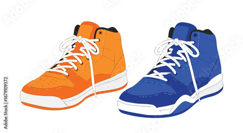 Vibrant high-top sneaker illustration, featuring a classic orange pair and a striking blue version, showcasing sporty design elements for athletic