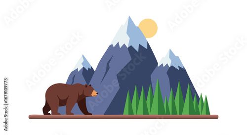 Bear's Serene Journey: A Gentle Stroll Through Mountain Majesty Under the Warm Gaze of the Sun. Simplistic Outdoor Scene