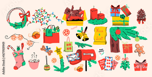 A whimsical collection of Christmas decorations and festive items. Creative festive accessories fill this set, featuring cozy seasonal symbols like wreaths, candles, and gifts