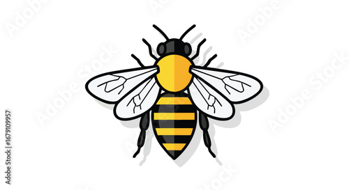 Stylized honeybee illustration showcasing bright yellow and black stripes against a clean white backdrop presenting simplistic charm