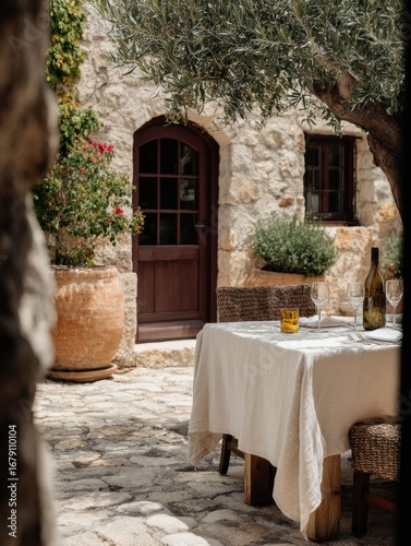 Rustic Italian wedding wooden tables, ceramic vases and Mediterranean decor. Still life compositions with flowers, dishes and authentic Tuscan atmosphere