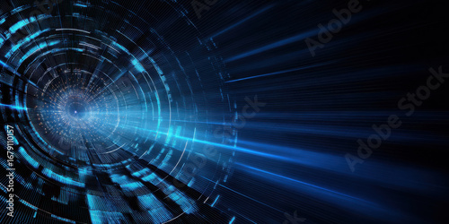 Digital vortex with blue light rays and circular data patterns creating futuristic and dynamic technology background