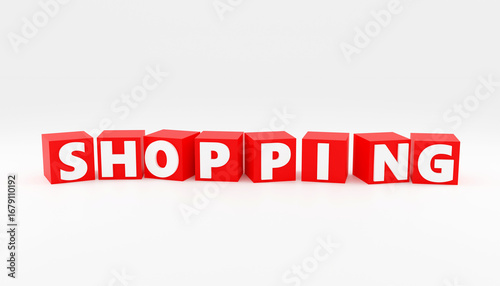 Luxury red cubes inscription shopping, soft light, light background, 3d render