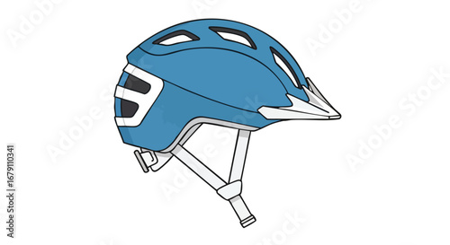 Stylized illustration depicting a blue bicycle helmet with white accents and ventilation holes for safety riding gear concept
