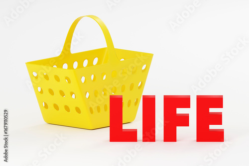 Inscription made by red life on grey podium, soft light, smooth background, 3d rendering